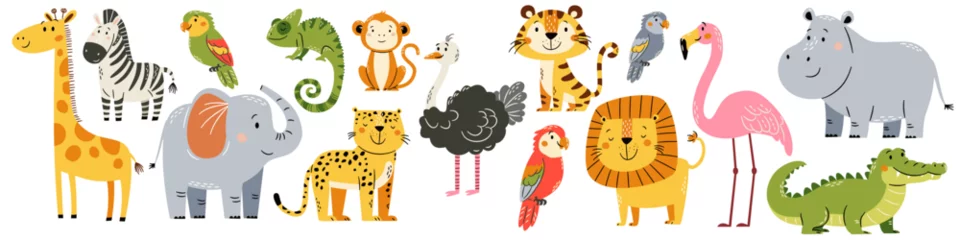 Fotobehang Dierentuin A set of flat vector illustrations in a simple children's style. Cute elephant giraffe tiger leopard lion parrot ostrich flamingo crocodile chameleon zebra monkey on white background. Vector  © Alena