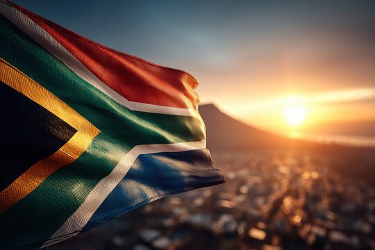 The South African flag waves proudly against a vibrant sunset backdrop, casting a warm glow over the cityscape and distant mountain, symbolizing hope.