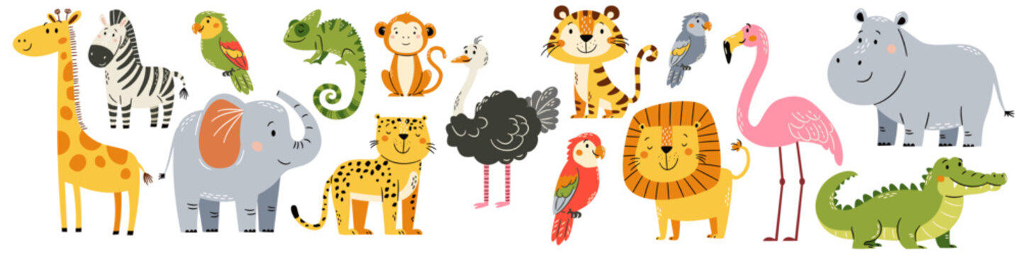 Naklejki A set of flat vector illustrations in a simple children's style. Cute elephant giraffe tiger leopard lion parrot ostrich flamingo crocodile chameleon zebra monkey on white background. Vector