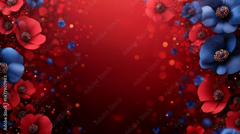 Aufkleber Red background with blue flowers in the foreground. The flowers are in various sizes and are scattered throughout the image. Scene is one of beauty and elegance