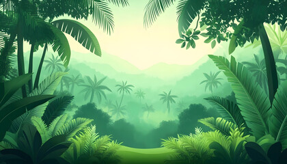 Fototapeta premium Tropical Forest Landscape with light green color flat vector design