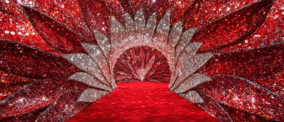 Glamorous red carpet entrance with glittery petal design and sparkling silver accents in a luxury setting