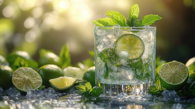 Refreshing Mojito Cocktail with Lime Mint and Ice in Sunlight