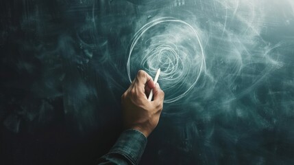 A close-up of a hand drawing spiral patterns on a dark chalkboard