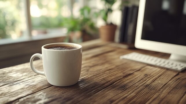 A cup of coffee on a wooden desk