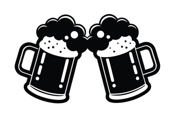 Two Frothy Beer Mugs Clinking Together in a Bold Black and White Design