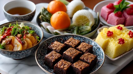 Sumptuous spread assorted dishes in artisanal bowls