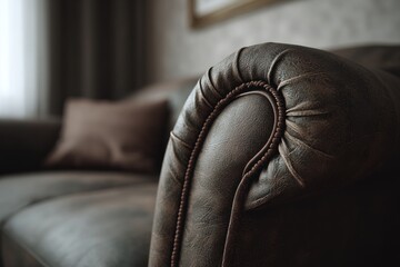 Close-up shot of a luxurious brown leather sofa, showcasing intricate detailing and craftsmanship, creating a warm and inviting atmosphere in a living room setting.