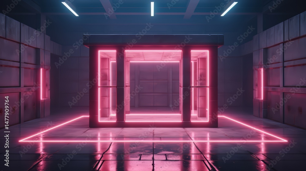 Poster room with pink walls and neon lights. the room is empty and has a futuristic feel to it
