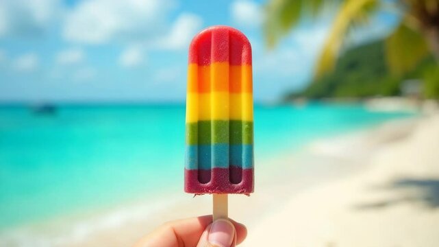 Close up of rainbow popsicle in hand on tropical beach
