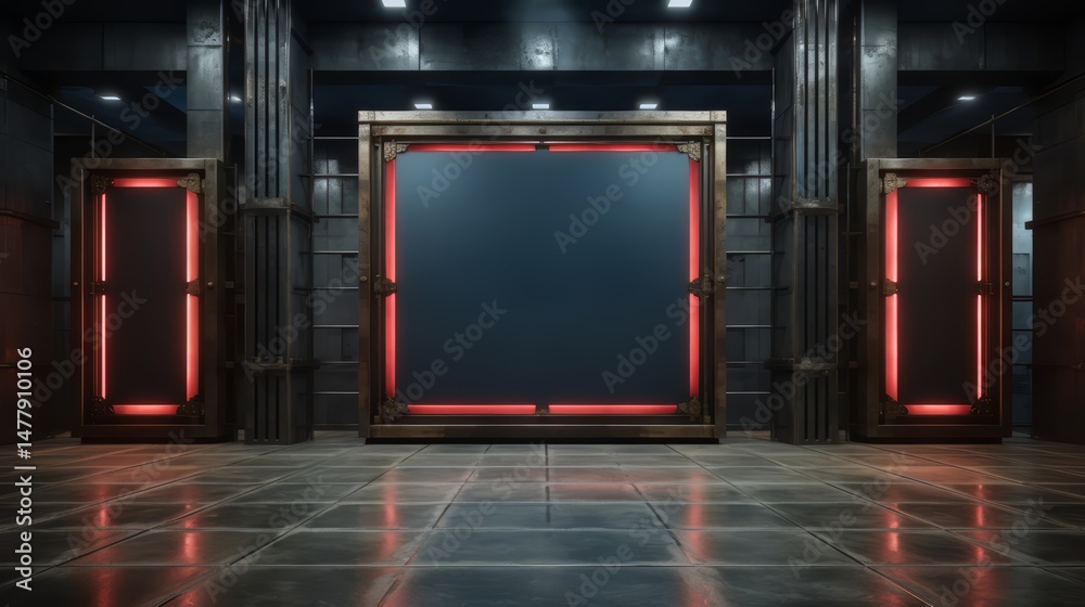 Leinwandbilder room with three doors and a large black screen. the room is empty and the only light source is the s