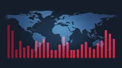 Data visualization with a world map background and red bar graphs, illustrating statistical trends