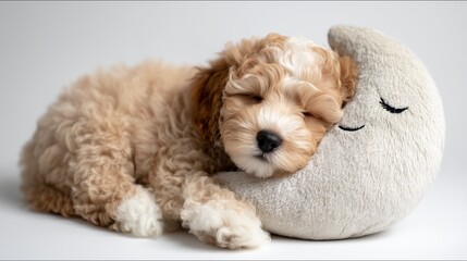 Cockapoo puppy napping peacefully with a plush moon pillow on a soft white background