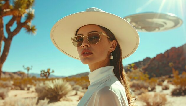 Stylish woman in white hat and sunglasses posing in the desert with a UFO flying in the background