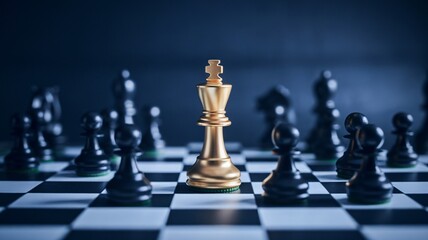 A striking golden king piece stands out among black pawns on a chessboard, emphasizing strategy and competition.