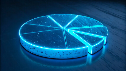 Glowing blue pie chart diagram for data analysis and business statistics