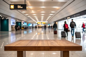 Wooden table stands before blurred travelers and rolling luggage at a busy airport terminal