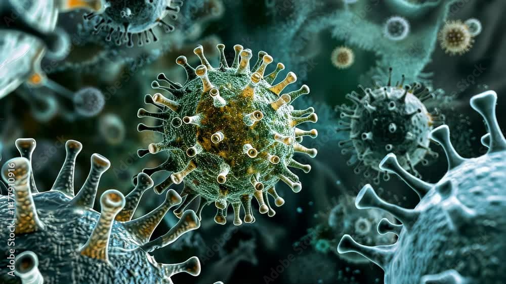 Poster Detailed microscopic view of viruses in high resolution showcasing diverse shapes and structures, ideal for educational content and science-related projects