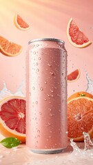 Pink soda can mockup with grapefruit, water splash, and citrus fruits
