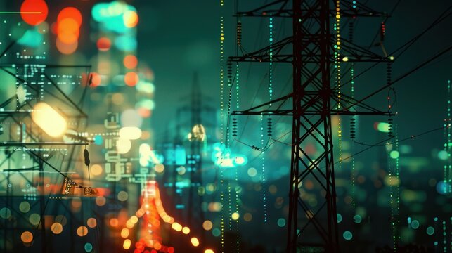 A blurry urban landscape glows with colorful lights and power lines