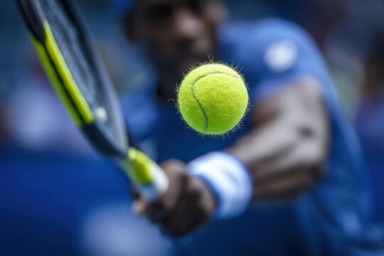Close-up shot of a tennis ball being hit by a racket during a fast-paced match, with the player in action and focused, intense training session.