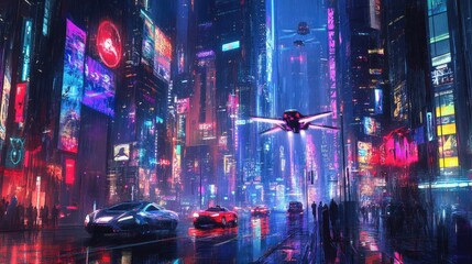 Futuristic city skyline at dusk with skyscrapers, flying vehicles, neon lights, glowing towers, illuminated buildings, dense urban infrastructure. Generative by AI