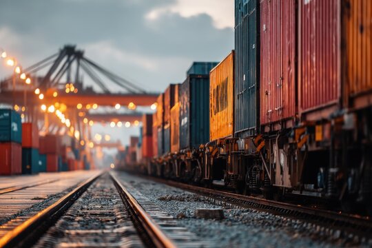 A freight train carrying cargo containers on a railway track at dusk, conveying goods for transportation and delivery, with industrial cranes and lights.