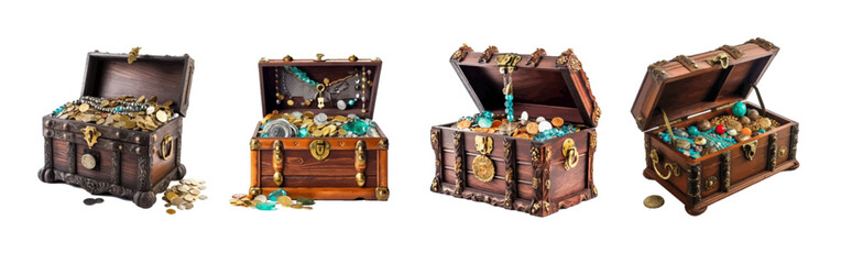 Realistic 3D vector set of vintage pirate treasure chests filled with gold coins, jewelry, and precious gems. Isolated on white.