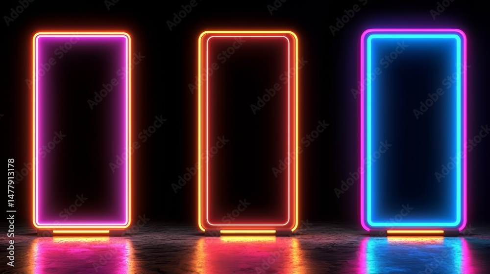 Aufkleber Three neon signs with different colors are lit up in a dark room. The signs are glowing and creating a vibrant atmosphere
