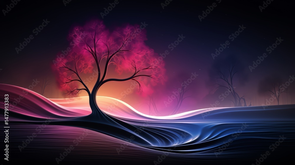 Poster tree is the main focus of this image, which is a beautiful and serene landscape. the tree is surroun