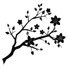 Black Silhouette of Cherry Blossom Branch with Flowers and Buds Illustration