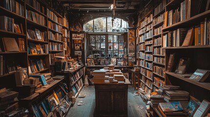 Obraz premium Cozy, vintage-style library with wooden shelves packed with old books, warm ambient lighting, and a wooden desk covered in open notebooks and papers. A nostalgic, intimate reading space. Generative AI