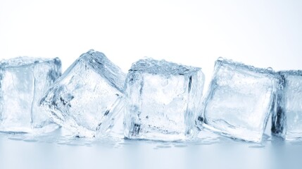 Obraz premium Clear, sparkling ice cubes melting on a reflective surface against a pale backdrop, ideal for refreshing beverage themes in culinary or lifestyle imagery