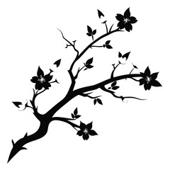 Elegant Black Silhouette Illustration of a Blooming Tree Branch with Flowers and Leaves