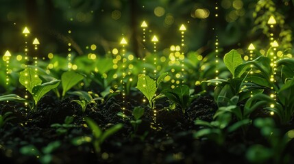 Close-up of vibrant green plants growing in rich soil with golden glowing arrows above