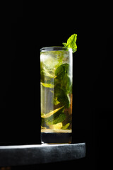 Classic Mojito – Refreshing cocktail with fresh mint, lime slices, and ice in a tall glass. A vibrant mix of citrus, sweetness, and cooling mint, perfect for summer evenings.