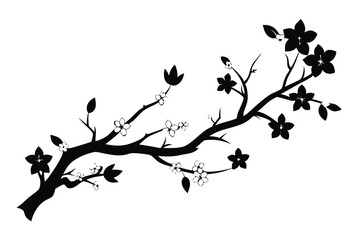 Black Silhouette Illustration of a Flowering Cherry Tree Branch with Leaves and Flowers