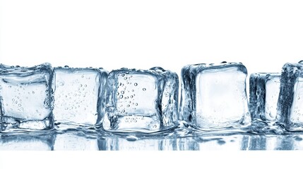 Clear Ice Cubes with Bubbles in Water Splashing and Reflections on a White Background for Refreshing Beverage Concept and Chill Drinks Presentation