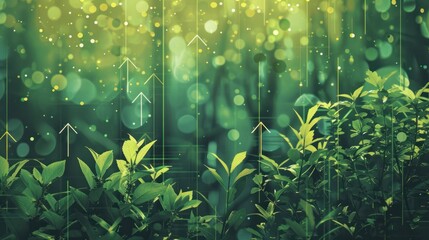Lush green foliage and upward-pointing arrows with bokeh effects create a natural, growth-themed composition