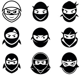 Black and White Ninja Icon Set - Minimalist Masked Warrior Illustrations