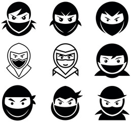 Black and White Ninja Icon Set - Minimalist Masked Warrior Illustrations