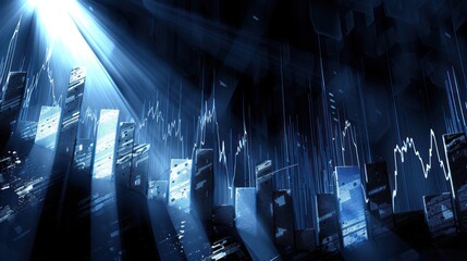 Abstract digital cityscape with illuminated skyscrapers and a fluctuating graph