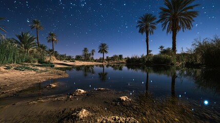 Obraz premium Starry night sky over desert landscape with full moon, water reflection, and rocky mountains. Trees and dry grass surround small lake in quiet terrain. Generative by AI