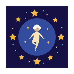 Vector illustration of a child floating in the night sky surrounded by stars