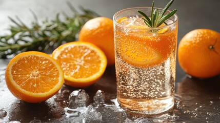 Refreshing Sparkling Orange Drink with Rosemary Garnish and Ice Cubes
