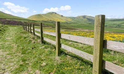 Fototapeta premium A rustic wooden fence borders a winding path through a beautiful spring landscape featuring green hills and yellow blooms.