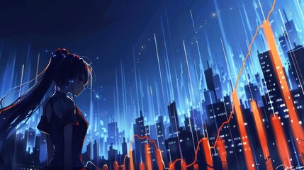 A silhouette of a young woman looks toward a cityscape lit with digital data lines
