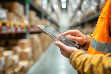 Close-up of a warehouse worker using a tablet to manage inventory, ensuring efficient logistics and supply chain management for streamlined operations.
