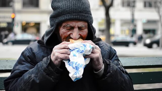An elderly man sits on a park bench in a busy city, visibly appreciative as he holds a sandwich. A kind individual approaches with more food, showcasing community support in action.