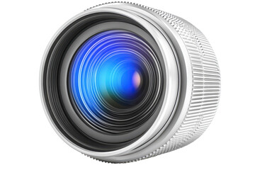 Camera lens with blue reflection, close up on black background, photography equipment